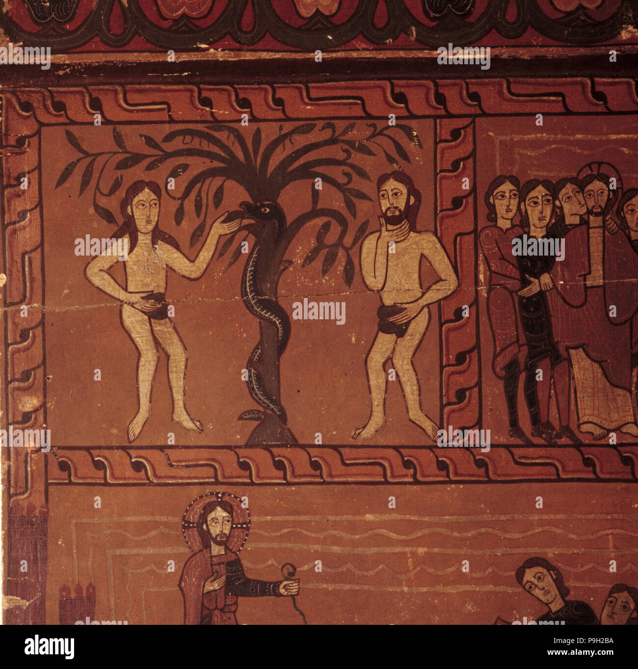 "Adamo ed Eva', tavolo laterale dell altare tabella di Sagars, con scene della vita di Gesù. Foto Stock