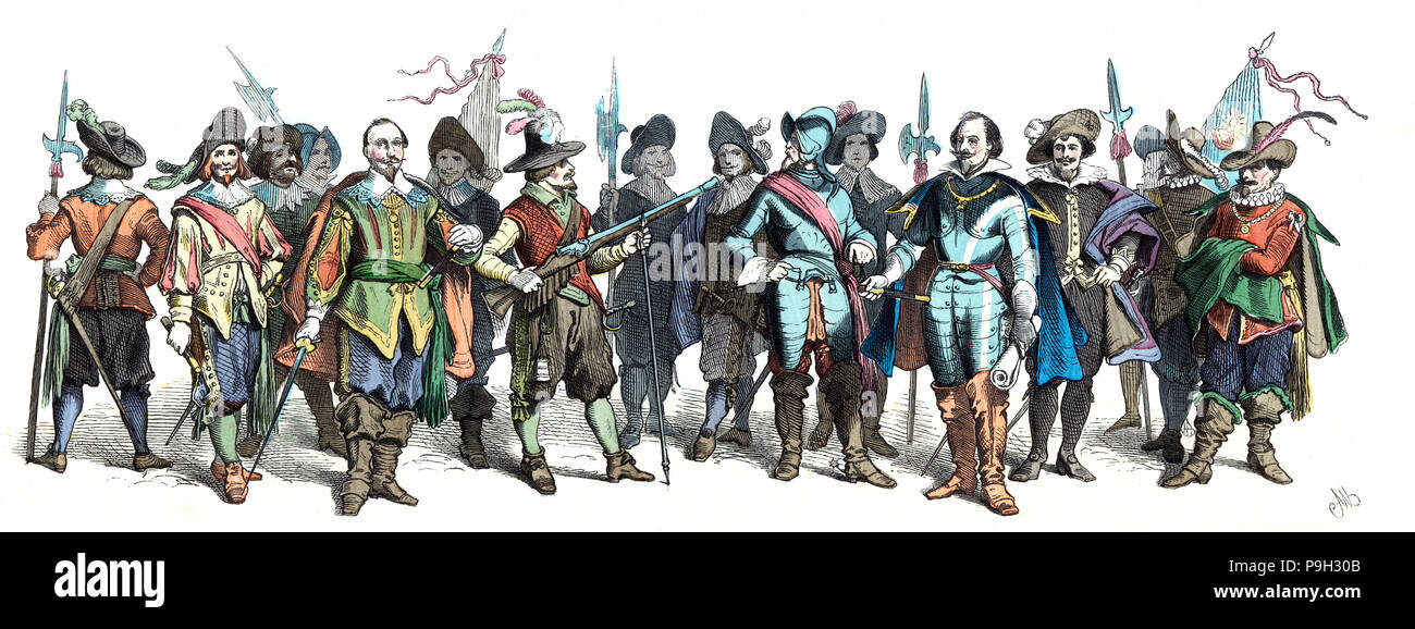 Personaggi dal tempo della Guerra dei Trent anni, del XVII secolo. Incisione tedesca 1860. Foto Stock