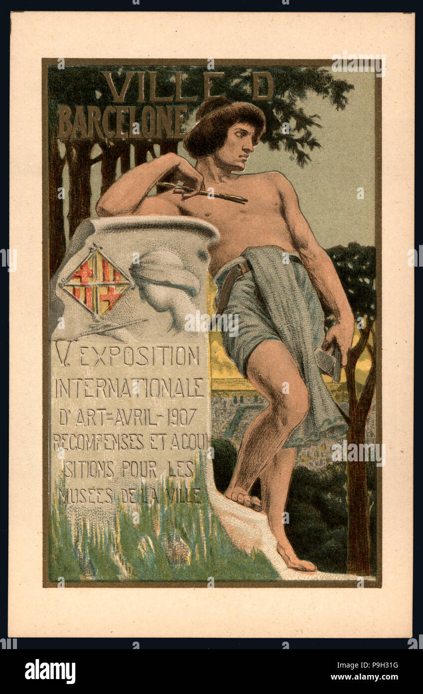 Cartolina. Il poster della 5a Fiera Internazionale dell'arte. Barcelona City Council. Aprile 1907. Foto Stock