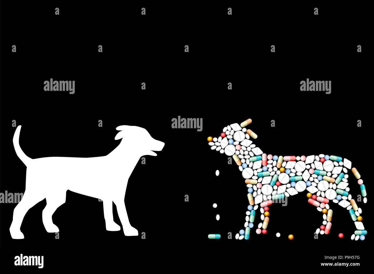 Pillole che forma un cane. Simbolo per animali domestici problemi sanitari, medicina veterinaria, farmacia, antibiotici o dieta - illustrazione su nero Foto Stock