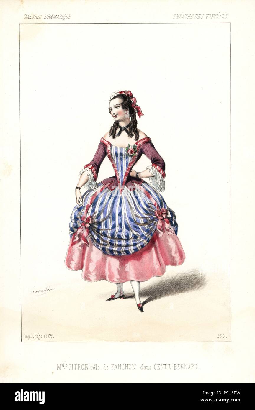 L'attrice francese Marie Julie Elizabeth Pitron come grisette Fanchon in Gentil Bernard, ou L'arte d'aimer, da Philippe-Francois Dumanoir e Clairville, Theatre des Varietes, 1846. Litografia Handcolored dopo una illustrazione di Alexandre Lacauchie da Victor Dollet's Galerie Dramatique: costumi des teatri de Paris, Paris, 1846. Foto Stock