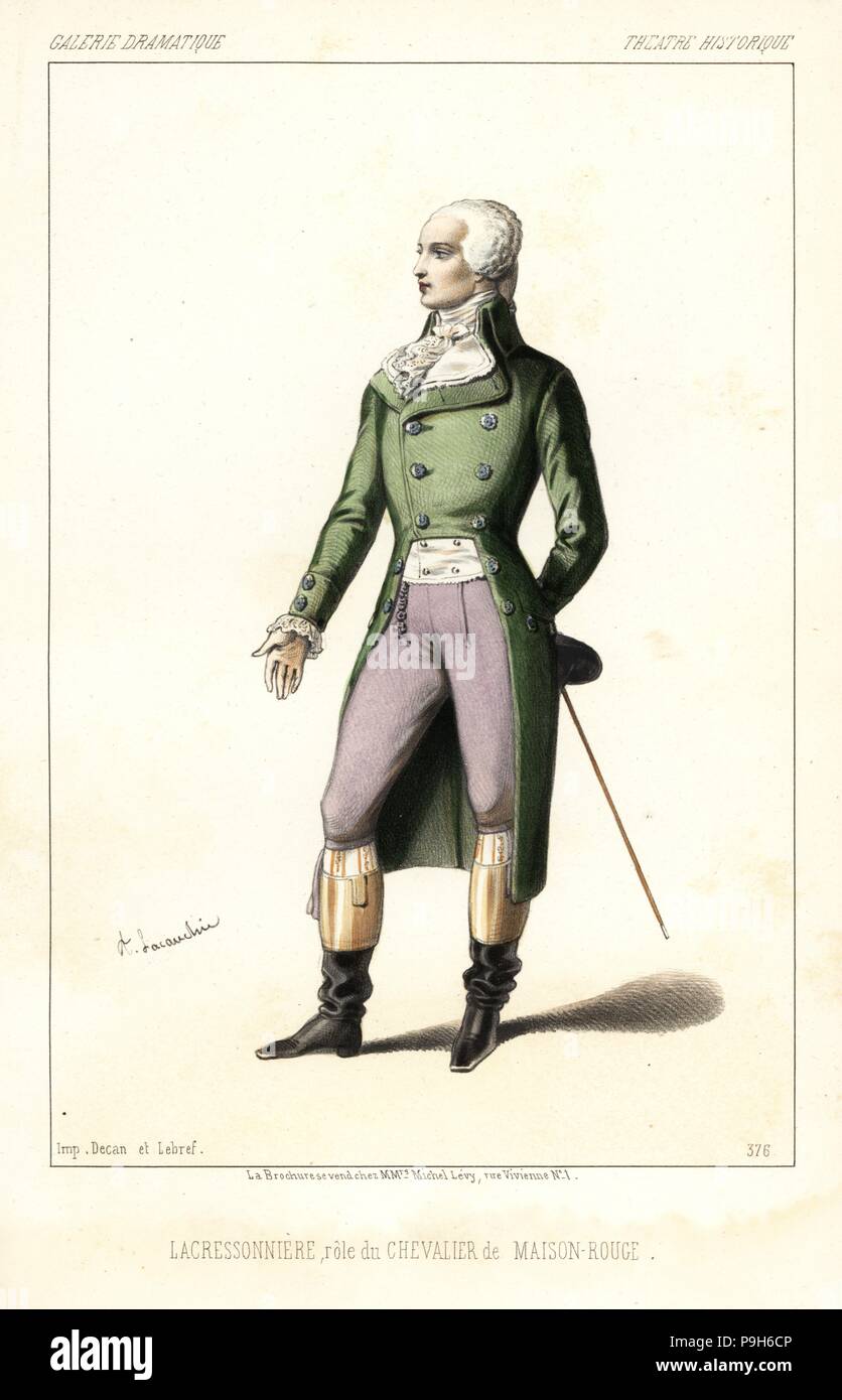 Attore francese Louis Lacressonniere come Le Chevalier de Maison Rouge, Teatro Historique 1846. Litografia Handcolored dopo una illustrazione di Alexandre Lacauchie da Victor Dollet's Galerie Dramatique: costumi des teatri de Paris, Paris, 1846. Foto Stock