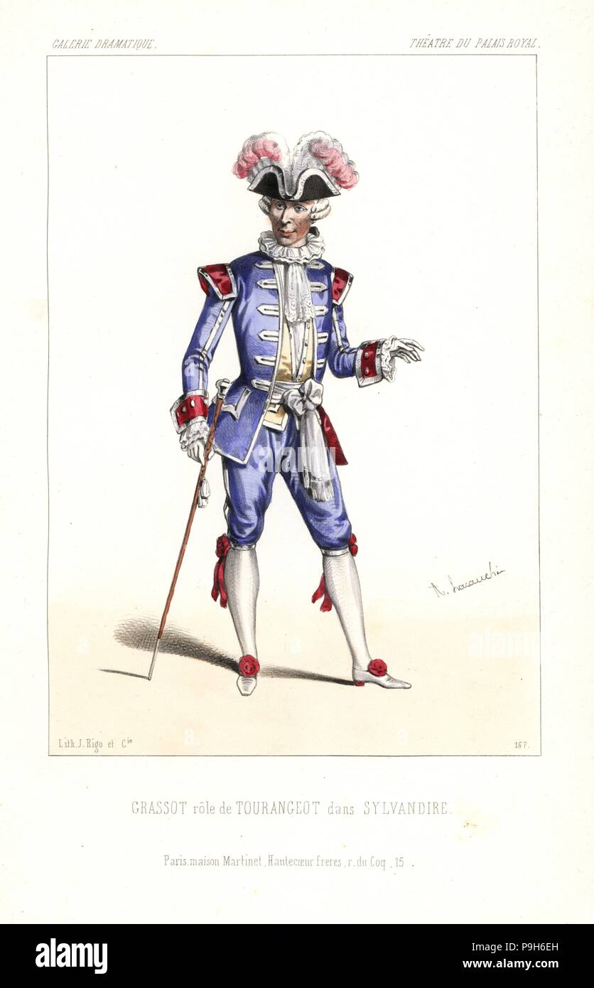 Paolo Grassot come Tourangeot in Sylvandire da Leuven/Vanderburch, Theatre du Palais-Royal, 1845. Litografia Handcolored dopo una illustrazione di Alexandre Lacauchie da Victor Dollet's Galerie Dramatique: costumi des teatri de Paris, Paris, 1845. Foto Stock