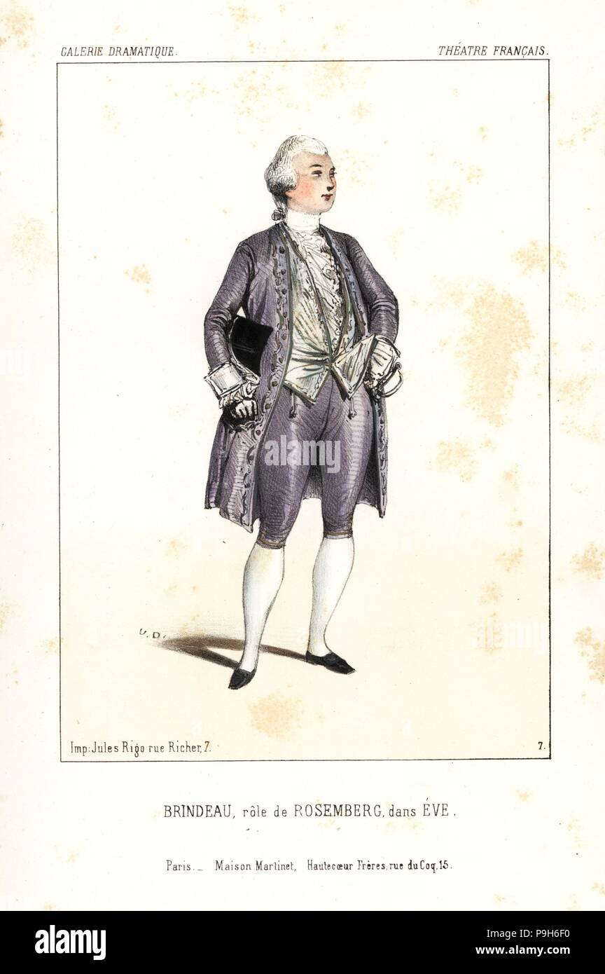 Edouard Brindeau come Rosenberg in Eva da Leon Gozlan, Teatro Francais, 1843. Litografia Handcolored dopo una illustrazione di Victor Dollet da Galerie Dramatique: costumi des teatri de Paris, Paris, 1845. Foto Stock