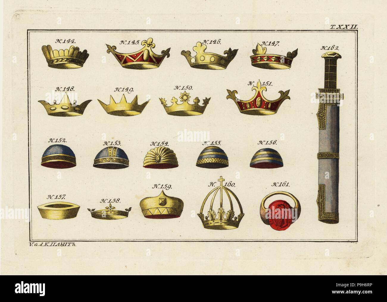 Corone di Clovis Teodorico, Clotilde e Ultrogotha, 144-147, dei Franchi 148,149,152-156, di Chlothar I e Fredegund 150,151, di Carlo Magno 157-160, Childeric Io sigillo dell'anello, 161, Childeric e la spada di 162. Handcolored incisione su rame da Robert von Spalart il quadro storico dei costumi del popolo principale dell'antichità e del Medioevo, Chez Collignon, Metz, 1810. Foto Stock