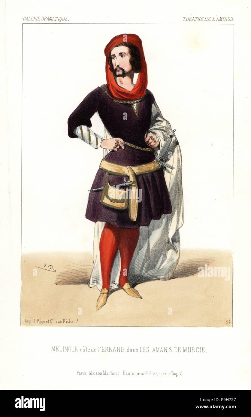 Etienne Melingue come Fernand in Les Amans de Murcie da Frederic Soulie, Teatro de l'Ambigu, 1844. Litografia Handcolored dopo una illustrazione di Victor Dollet da Galerie Dramatique: costumi des teatri de Paris, Paris, 1845. Foto Stock
