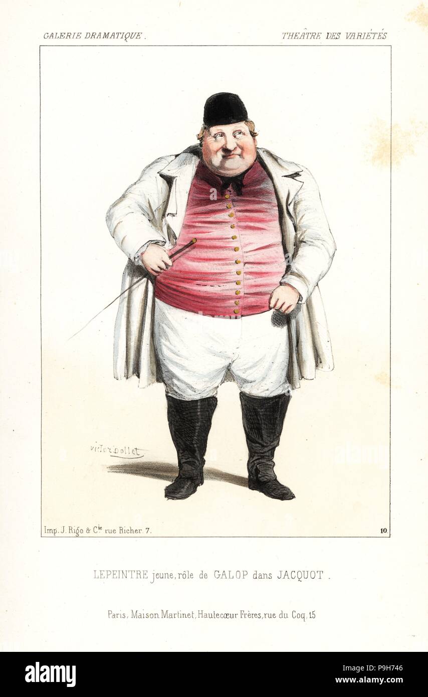 Emanuel Lepeintre Jr. come Galop in Jacquot da Lurieu e Guinot Theatre des Varietes, 1843. Litografia Handcolored dopo una illustrazione di Victor Dollet da Galerie Dramatique: costumi des teatri de Paris, Paris, 1845. Foto Stock