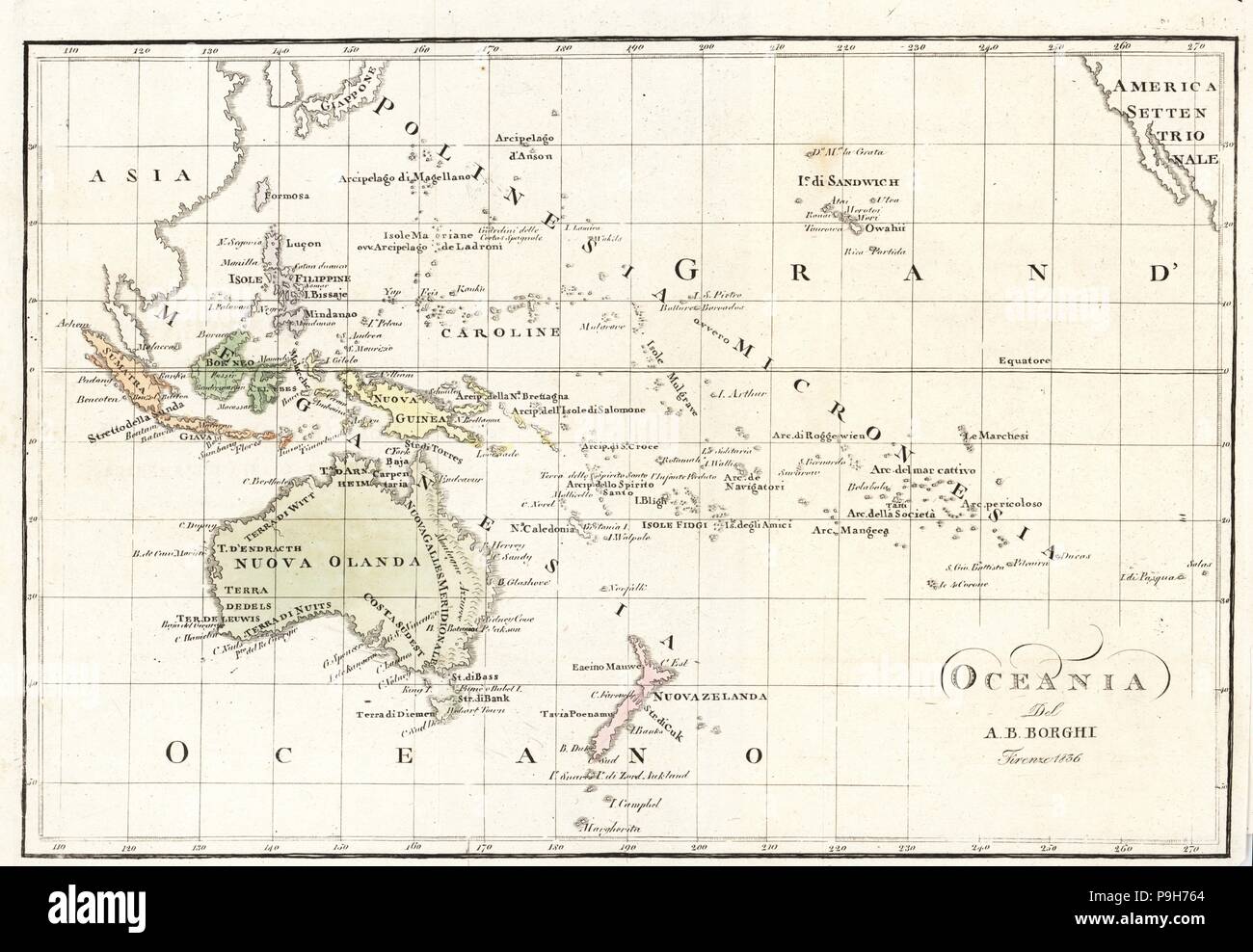 Mappa di Oceania e del Pacifico meridionale da Bartolomeo Borghi, Firenze, 1836. Handcolored incisione su rame da Giulio Ferrario le antiche e moderne costumi di tutti i popoli del mondo, Firenze, Italia, 1844. Foto Stock