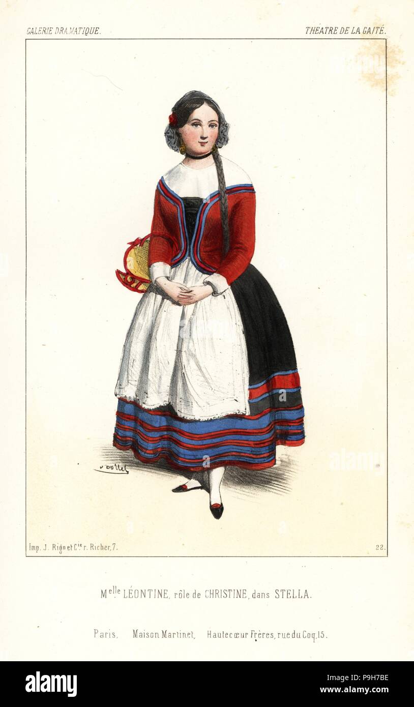 Mlle. Leontine come Christine in Stella, Teatro de la Gaite, 1843. Litografia Handcolored dopo una illustrazione di Victor Dollet da Galerie Dramatique: costumi des teatri de Paris, Paris, 1845. Foto Stock
