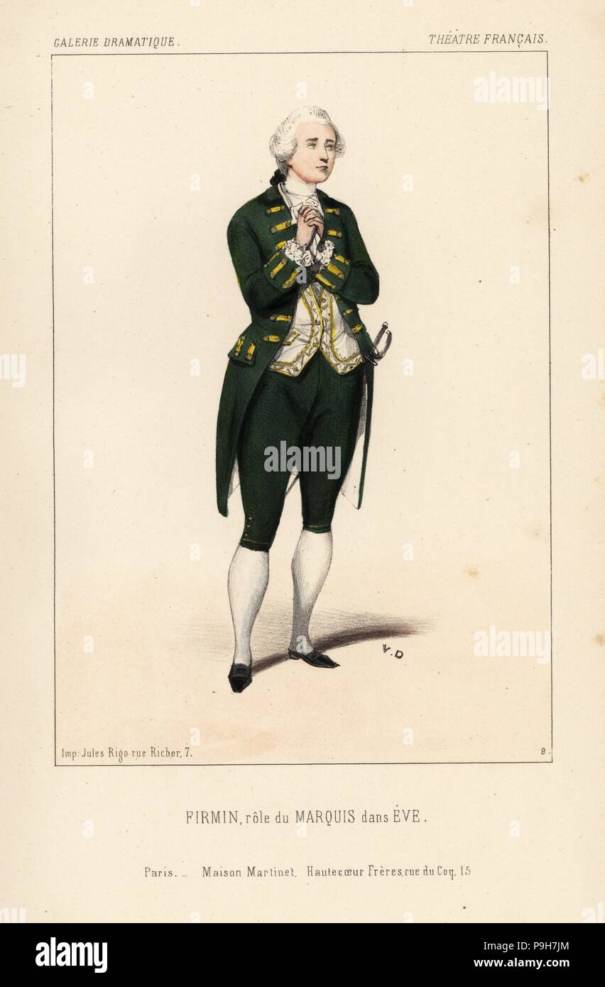Jean-Baptiste Firmin come il marchese in Eva da Leon Gozlan, Teatro Francais, 1843. Litografia Handcolored dopo una illustrazione di Victor Dollet da Galerie Dramatique: costumi des teatri de Paris, Paris, 1845. Foto Stock