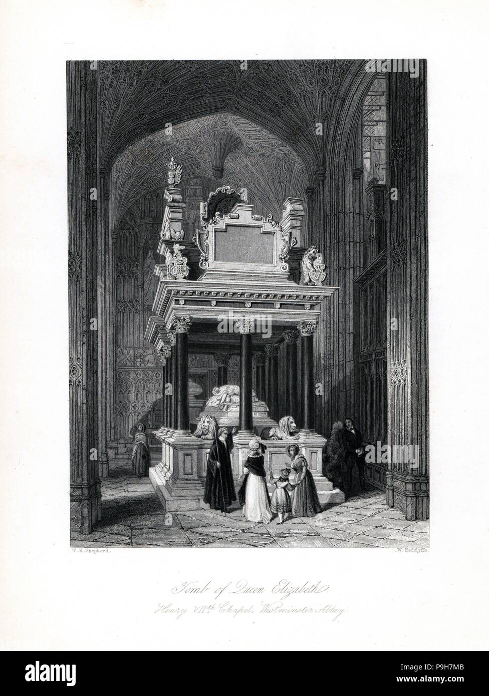 Tomba della regina Elisabetta, Enrico VII la cappella, Westminster Abbey. Incisione in acciaio da W. Radclyffe dopo una illustrazione di Thomas Hosmer Shepherd da Londra interni, i loro costumi e cerimonie, Joshua Mead, Londra, 1841. Foto Stock