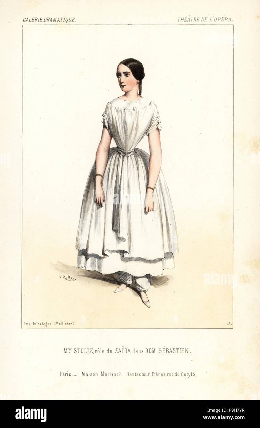 Il mezzosoprano Rosine Stoltz come Zaida in Dom Sebastien di Gaetano Donizetti, Teatro de l'Opera, 1843. Litografia Handcolored dopo una illustrazione di Victor Dollet da Galerie Dramatique: costumi des teatri de Paris, Paris, 1844. Foto Stock