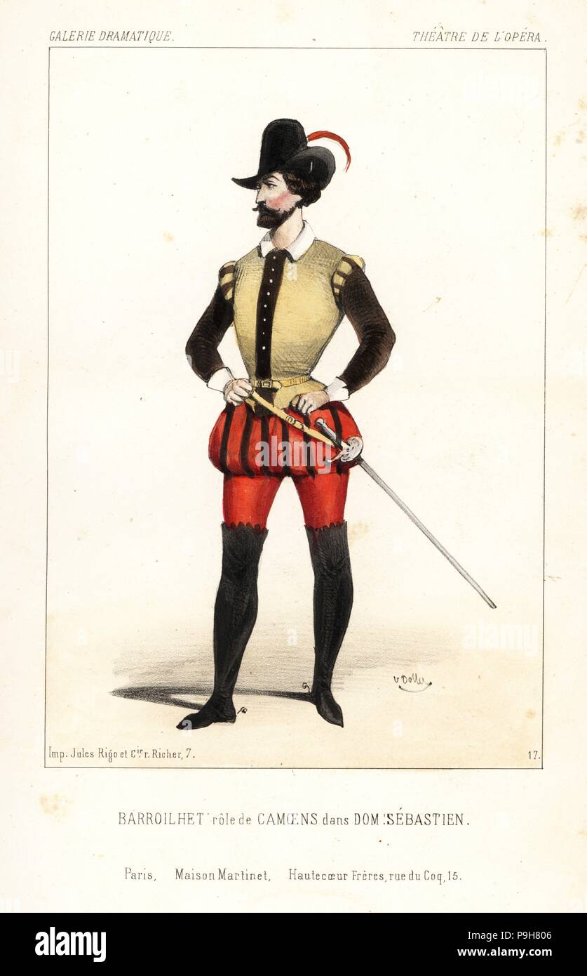 Il baritono francese Paul Barroilhet come Camoens in Dom Sebastien di Gaetano Donizetti, Teatro de l'Opera, 1843. Litografia Handcolored dopo una illustrazione di Victor Dollet da Galerie Dramatique: costumi des teatri de Paris, Paris, 1844. Foto Stock