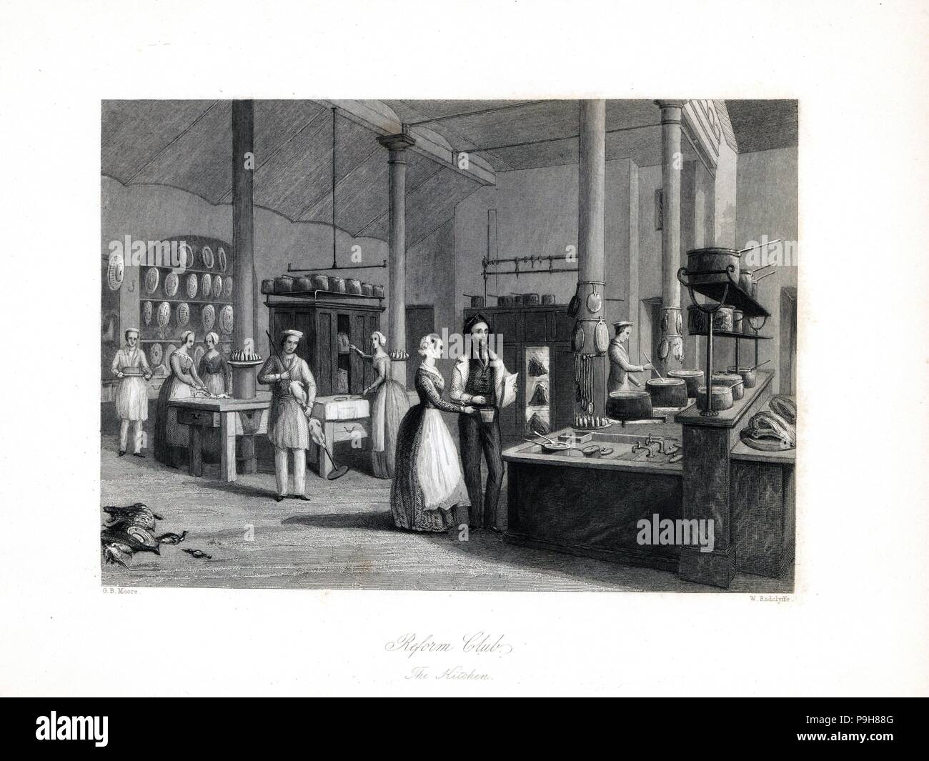 La cucina nella riforma del Club, con fornelli, forni, lavelli, girarrosto, pentole, padelle e cuochi. Incisione in acciaio da W. Radclyffe dopo una illustrazione di G.B. Moore da Londra interni, i loro costumi e cerimonie, Joshua Mead, Londra, 1841. Foto Stock