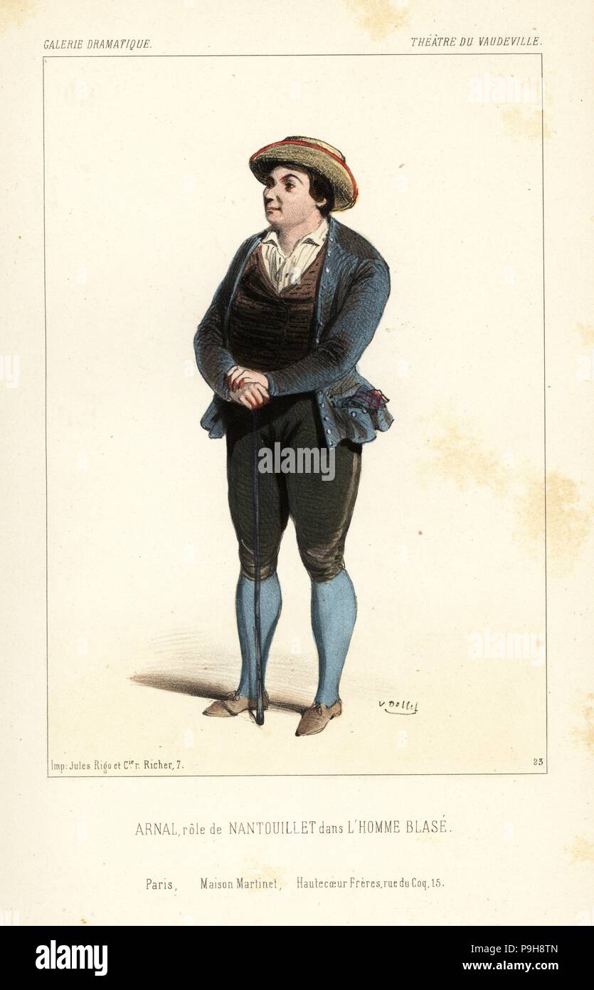Etienne Arnal come Nantouillet in L'Homme Biagio da Duvert e Lauzanne, Theatre du Vaudeville, 1843. Litografia Handcolored dopo una illustrazione di Victor Dollet da Galerie Dramatique: costumi des teatri de Paris, Paris, 1845. Foto Stock