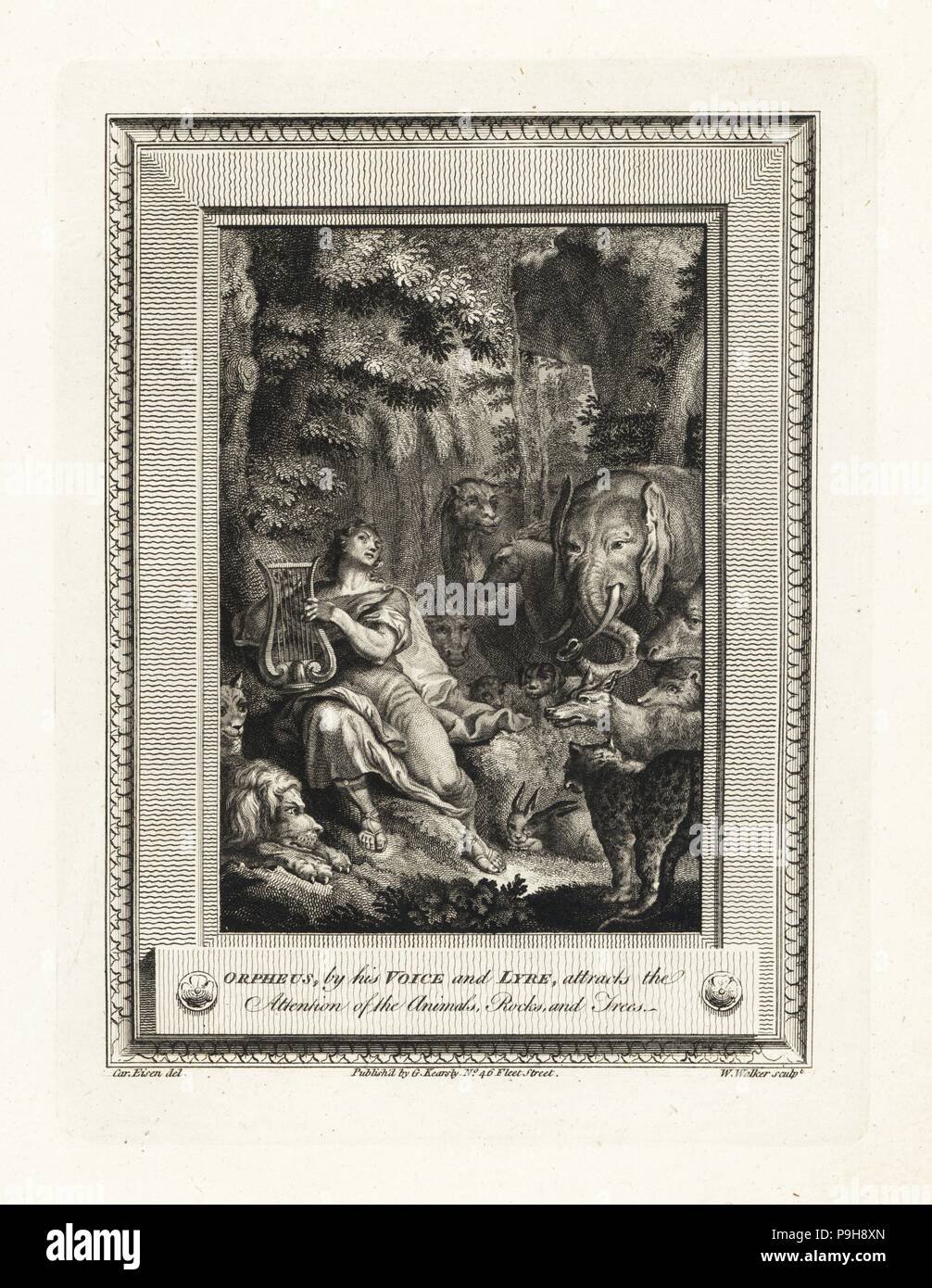 Orpheus, dalla sua voce e lira, attira l attenzione degli animali, rocce e alberi. Incisione su rame di W. Walker dopo una illustrazione da Charles Eisen dalla piastrina di rame rivista mensile o Tesoro, G. Kearsley, Londra, 1778. Foto Stock