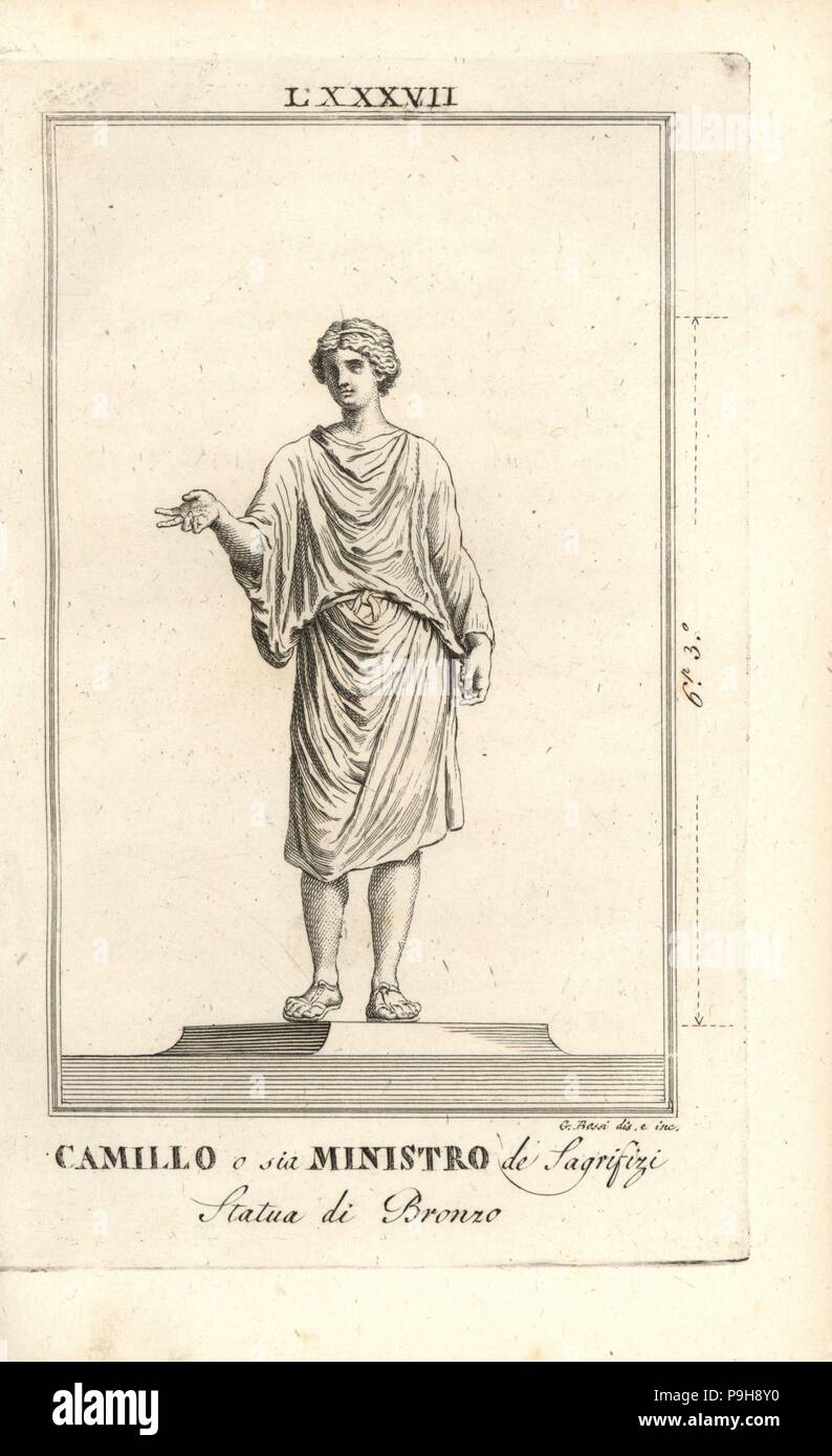 Statua di bronzo di Camillo o ministro di sacrificio. Incisione su rame da Bossi dopo una illustrazione di G. Bossi di Pietro Paolo Montagnani-Mirabili Il Museo Capitolino (il Museo Capitolino), Roma, 1820. Foto Stock