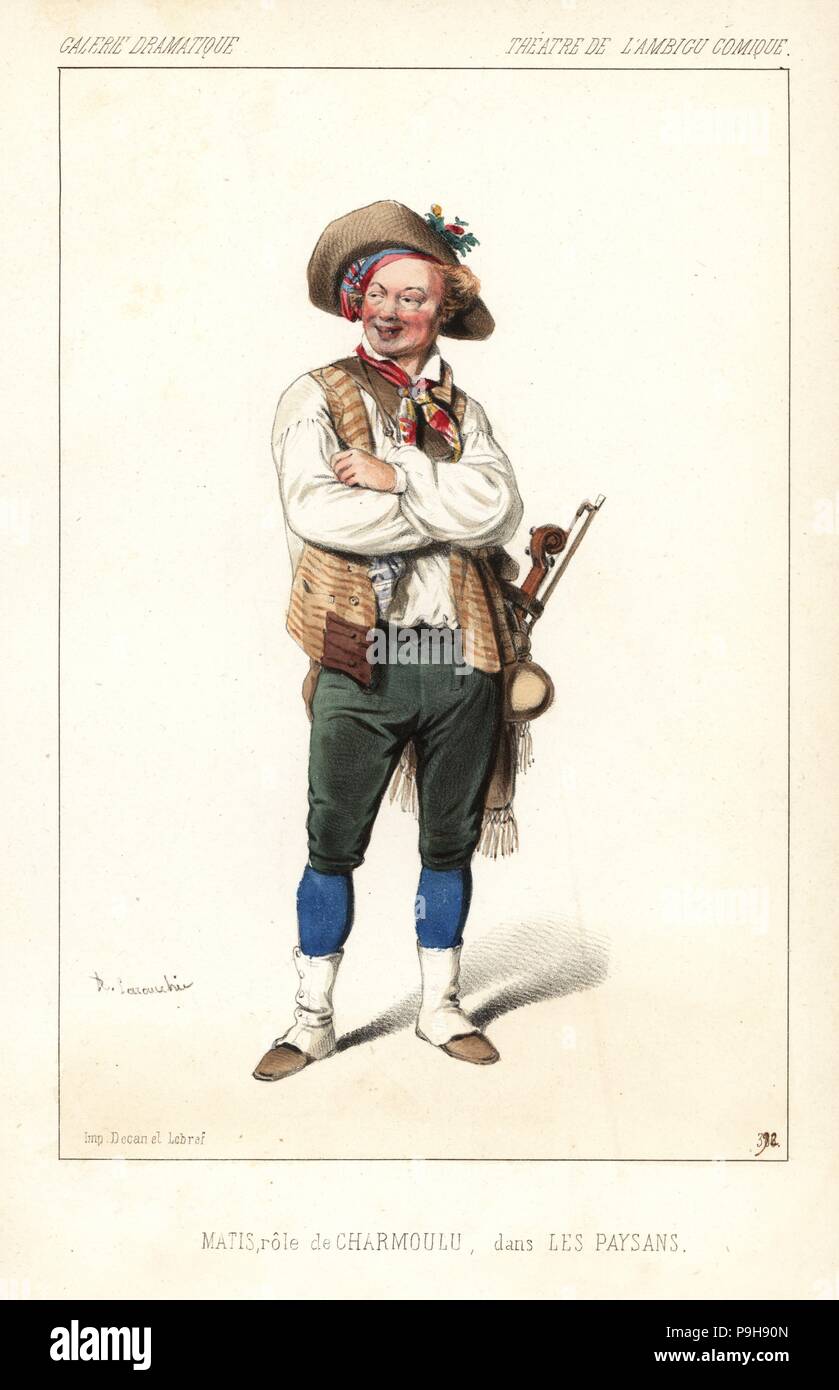 Attore francese Matis come Charmoulu in Les Paysans, l'Ambigu Comique, 1847. Litografia Handcolored dopo una illustrazione di Alexandre Lacauchie da Victor Dollet's Galerie Dramatique: costumi des teatri de Paris, Paris, 1847. Foto Stock
