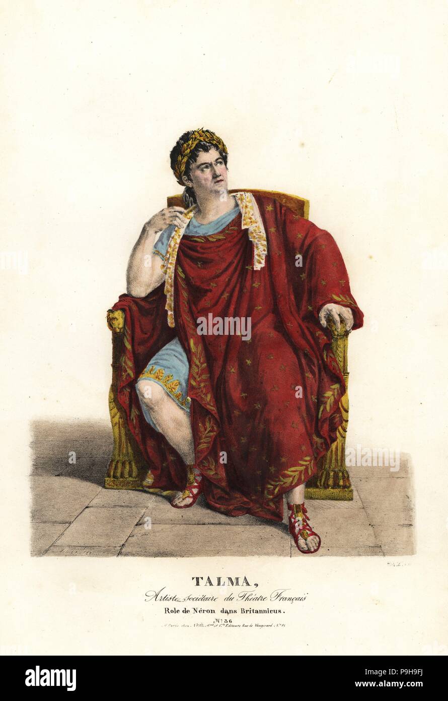 Francois Joseph Talma come Nero in Britannicus di Jean Racine, Teatro Francais, 1817. Dopo la pittura di Eugene Delacroix. Litografia Handcolored da F. Noel dopo una illustrazione da Alexandre-Marie Colin dai ritratti d'Acteurs et d'Actrices dans diversi ruoli, F. Noel, Parigi, 1825. Foto Stock