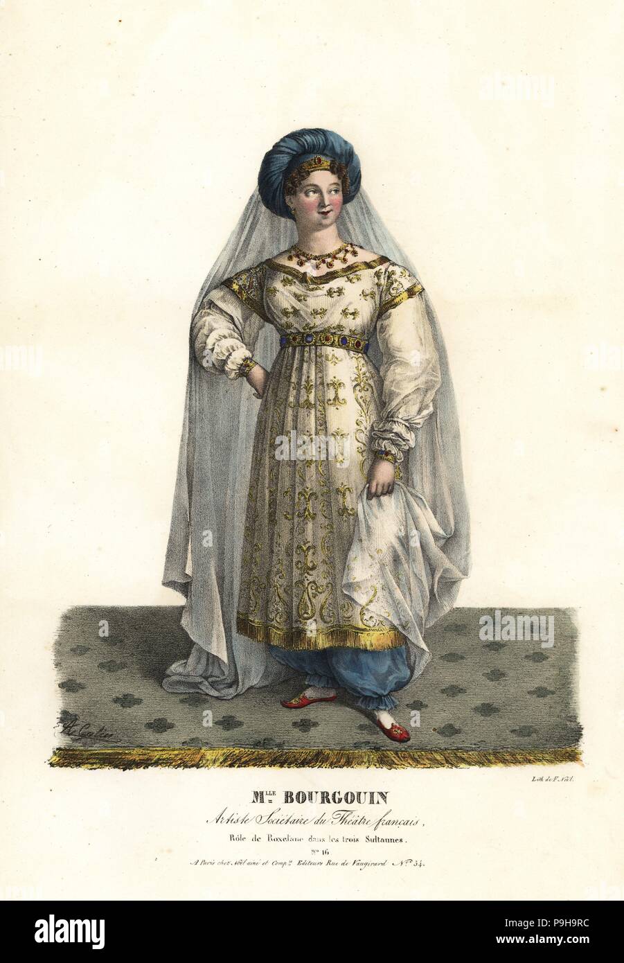 Marie-Therese Bourgouin come Roxelane in Les Trois Sultanes da Charles Simon Favart, Teatro Francais, 1803. Basato sulla storia di Hurrem, una ragazza ucraina rapiti per Suleyman II harem, ma che più tardi divenne il suo unico e moglie legale. Litografia Handcolored da F. Noel dopo una illustrazione da Alexandre-Marie Colin dai ritratti d'Acteurs et d'Actrices dans diversi ruoli, F. Noel, Parigi, 1825. Foto Stock