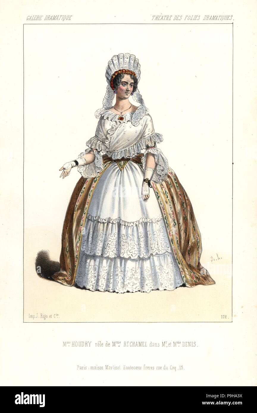 Mme. Houdry come Madame besciamella in il signor e la signora Denis, Theatre des Folies Dramatiques, 1845. Litografia Handcolored dopo una illustrazione di Alexandre Lacauchie da Victor Dollet's Galerie Dramatique: costumi des teatri de Paris, Paris, 1845. Foto Stock