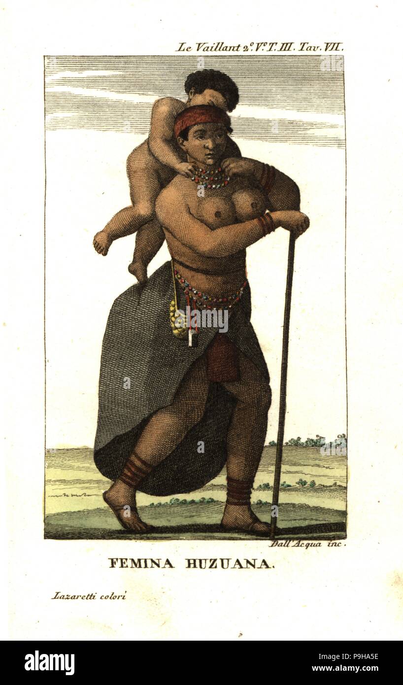 Donna e bambino del San persone (Housouana o i Boscimani). Da Francois Le Vaillant il secondo viaggio all'interno dell'Africa. Incisione su rame da Dell'Acqua handcolored da Lazaretti da Giovanni Battista Sonzogno la raccolta dei più interessanti Viaggi (Raccolta de Viaggi piu interessanti), Milano, 1815-1817. Foto Stock