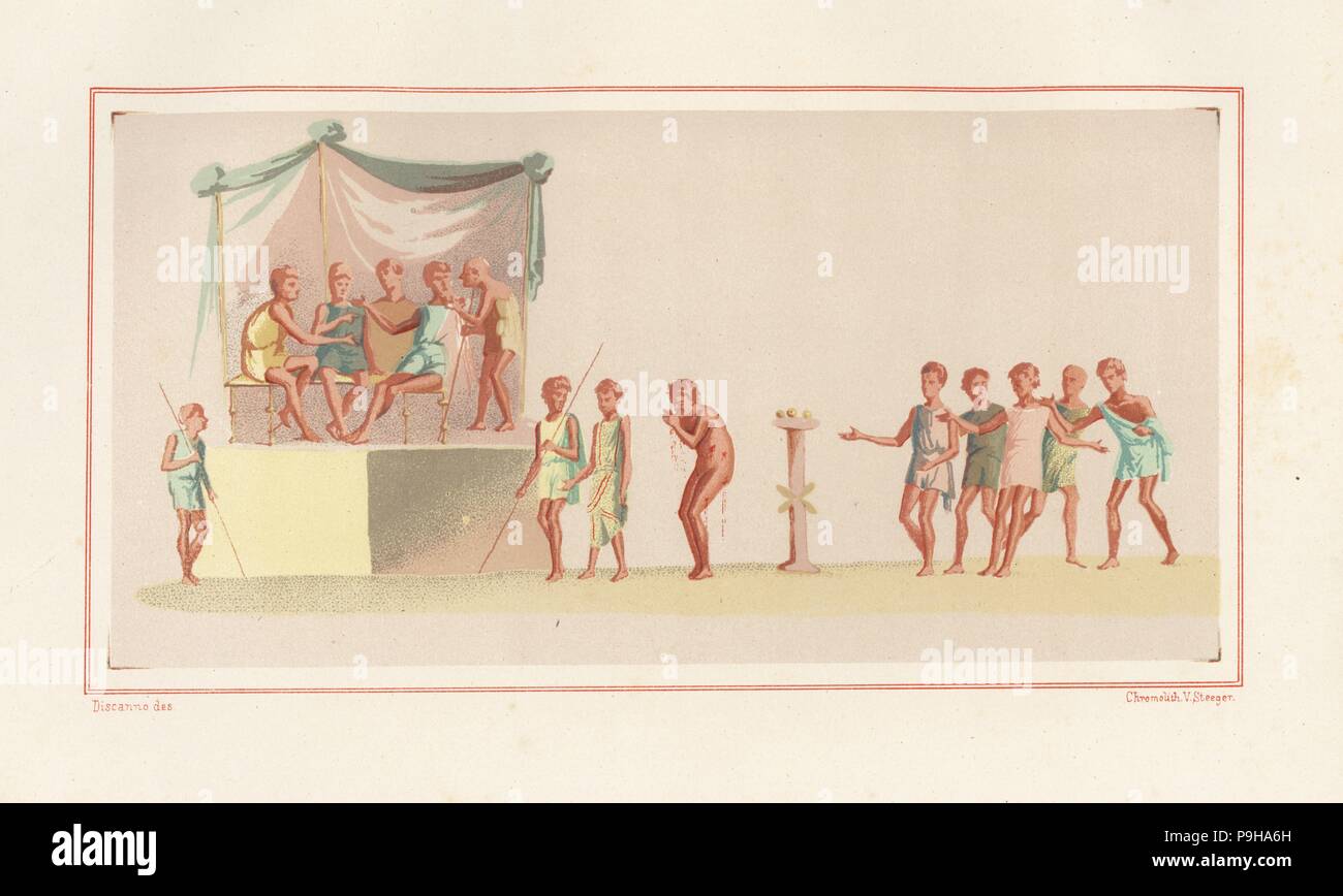 Dipinto di scena di un giorno di festa dal nuovo fullonica (fuller's shop), Regio VI, Insula XIV, 21. Chromolithograph da Victor Steeger dopo una illustrazione da Geremia Discanno da Emile Presuhn's Les Plus Belles Peintures de Pompei (i più bei dipinti di Pompei), Lipsia, 1881. Foto Stock