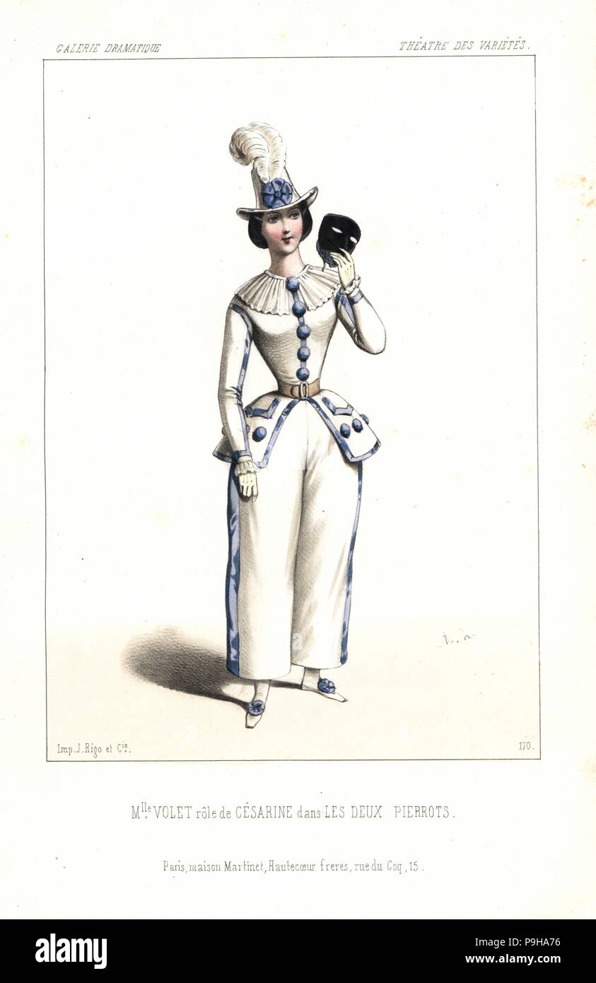 Mlle. Volet come Cesarine in Les Deux Pierrots da Bayard, Theatre des Varietes, 1845. Litografia Handcolored dopo una illustrazione di Alexandre Lacauchie da Victor Dollet's Galerie Dramatique: costumi des teatri de Paris, Paris, 1845. Foto Stock