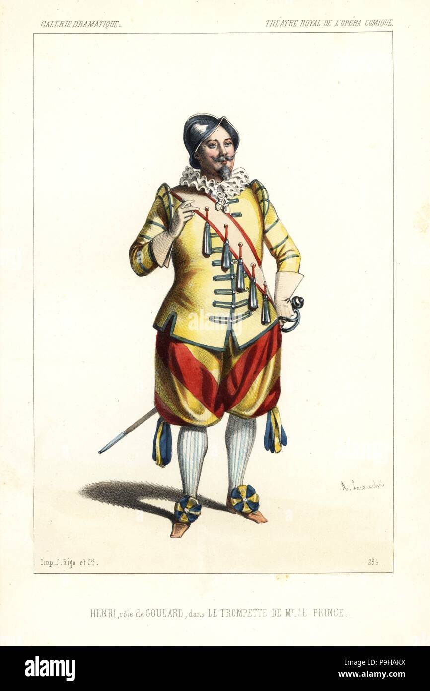 Il francese baritono cantante lirico Luigi Enrico o Achille Deshayes come Goulard in Le Trompette de M. Le Prince da Francois Bazin, Theatre Royal de l'Opera Comique, 1846. Litografia Handcolored dopo una illustrazione di Alexandre Lacauchie da Victor Dollet's Galerie Dramatique: costumi des teatri de Paris, Paris, 1846. Foto Stock