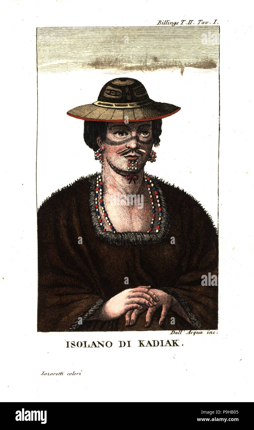 Sugpiaq Alutiiq o uomo di Kodiak Island, Alaska. Il suo i lobi delle orecchie e mento trafitto con perle, il suo volto tatuato. Da Joseph Billings e Martin Sauer è un conto di una spedizione per le regioni settentrionali della Russia. Incisione su rame da Dell'Acqua handcolored da Lazaretti da Giovanni Battista Sonzogno la raccolta dei più interessanti Viaggi (Raccolta de Viaggi più interessanti), Milano, 1815-1817. Foto Stock