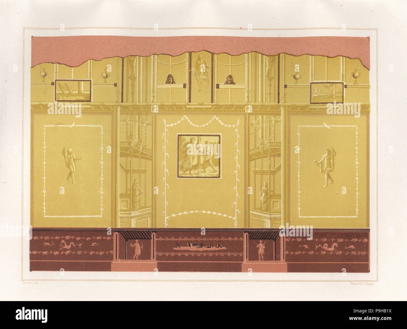 Curioso dipinto in colori smorzati dalla oecus (salon) della Casa del Meleagro o la casa di Meleagro, Reg. VI, Ins. IX, n. 2. Chromolithograph da Victor Steeger dopo una illustrazione da Geremia Discanno da Emile Presuhn's Les Plus Belles Peintures de Pompei (i più bei dipinti di Pompei), Lipsia, 1881. Foto Stock