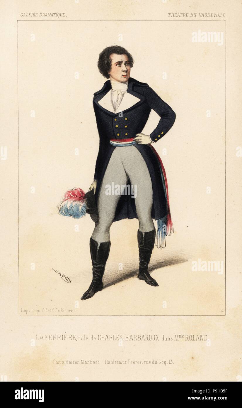 Adolphe Laferriere come Charles Barbaroux in Madame Roland da Virginie Ancelot, Theatre du Vaudeville, 1843. Litografia Handcolored dopo una illustrazione di Victor Dollet da Galerie Dramatique: costumi des teatri de Paris, Paris, 1845. Foto Stock