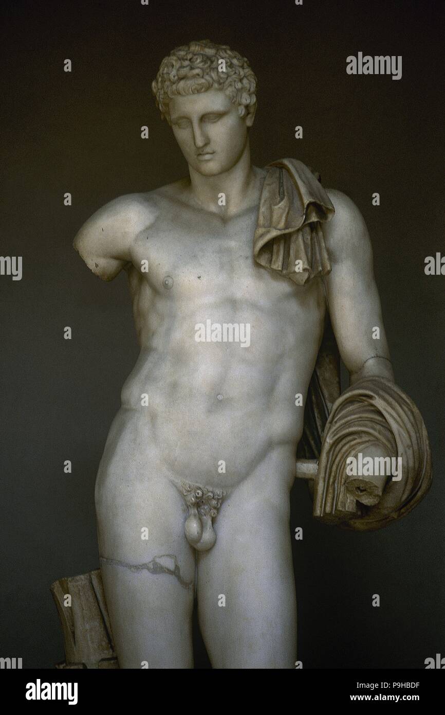 Hermes del Museo Pio-Clementino o Belvedere Antinoo. Copia romana (II secolo) di un originale greco Scuola di Prassitele. Musei Vaticani. Foto Stock