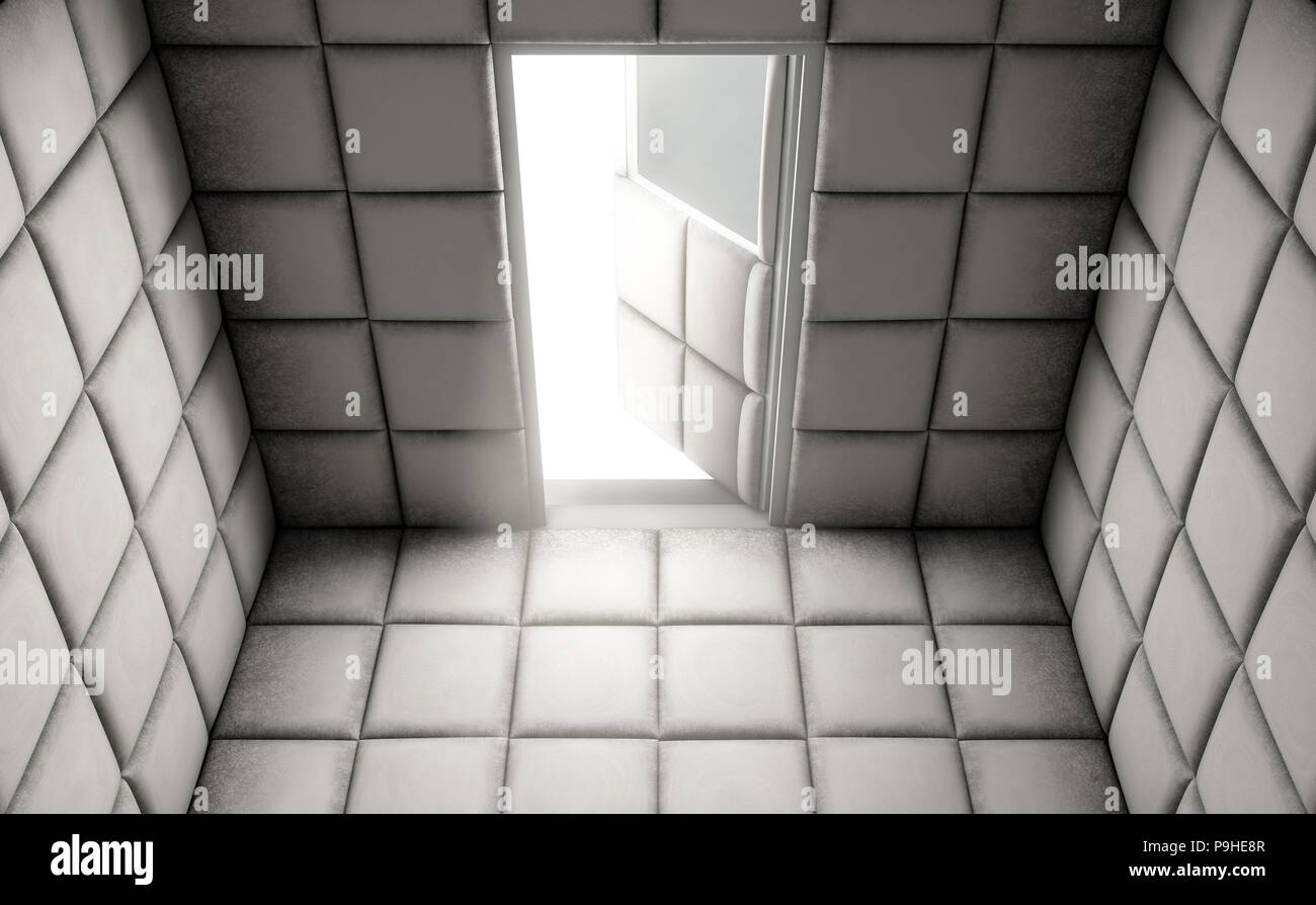 Un vuoto bianco cella imbottita con una porta aperta in un ospedale mentale - 3D render Foto Stock