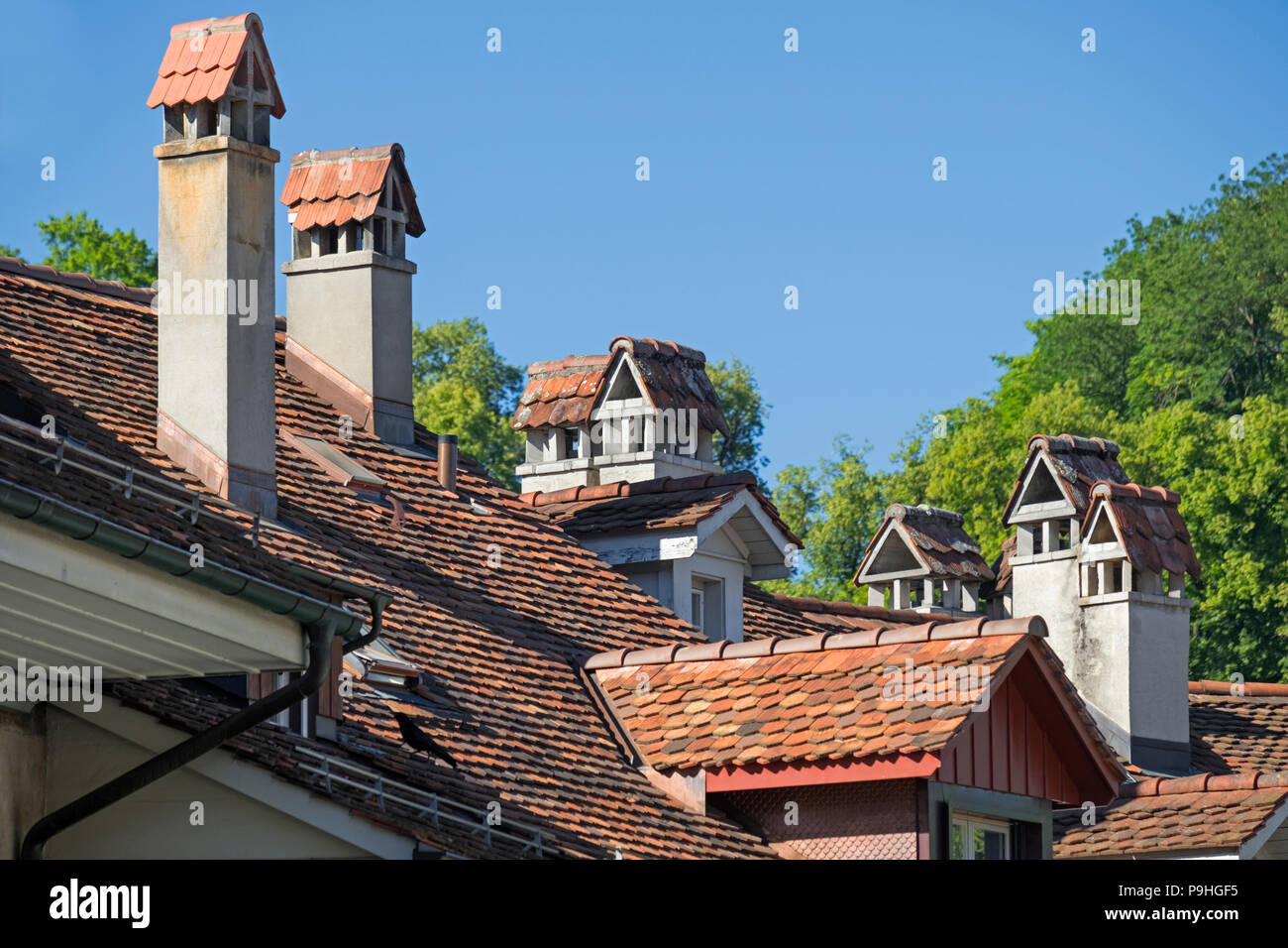Tetti camini e la città vecchia di Berna Foto Stock