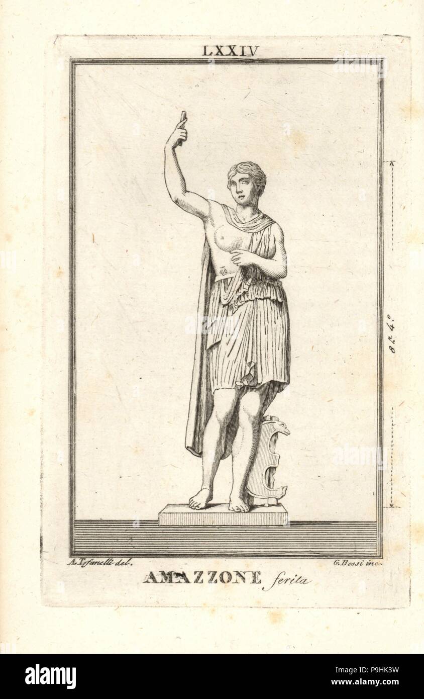 Statua di Amazzone ferita guerriera in peplos. Incisione su rame di G. Bossi dopo una illustrazione da A. Tofanelli da Pietro Paolo Montagnani-Mirabili Il Museo Capitolino (il Museo Capitolino), Roma, 1820. Foto Stock