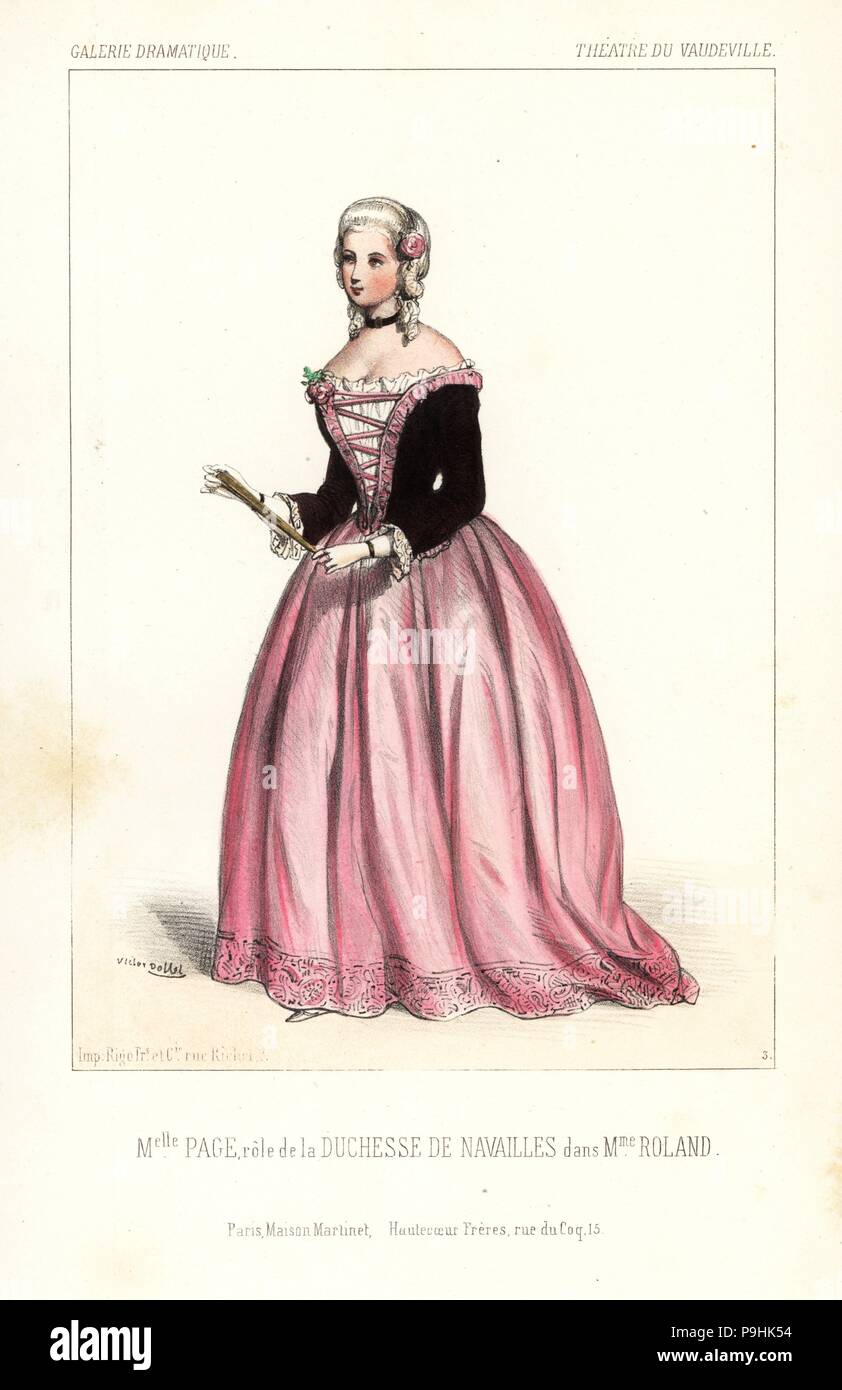 Mlle. Adele pagina come la duchessa di Navailles in Madame Roland da Virginie Ancelot, Theatre du Vaudeville, 1843. Litografia Handcolored dopo una illustrazione di Victor Dollet da Galerie Dramatique: costumi des teatri de Paris, Paris, 1844. Foto Stock