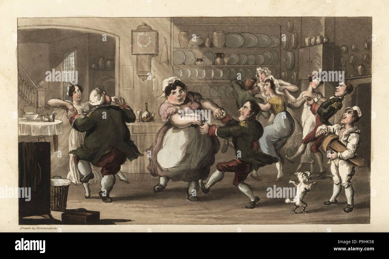 Johnny danze ad un partito segreto con altri agenti in cucina. Cuocere, cocchiere, cameriera e coatman godendo il master del cibo e del vino. Handcolored incisione su rame di Thomas Rowlandson da William Combe è la storia di Johnny Quae Genus, il piccolo Foundling del compianto medico sintassi, Ackermann, Londra, 1822. Foto Stock