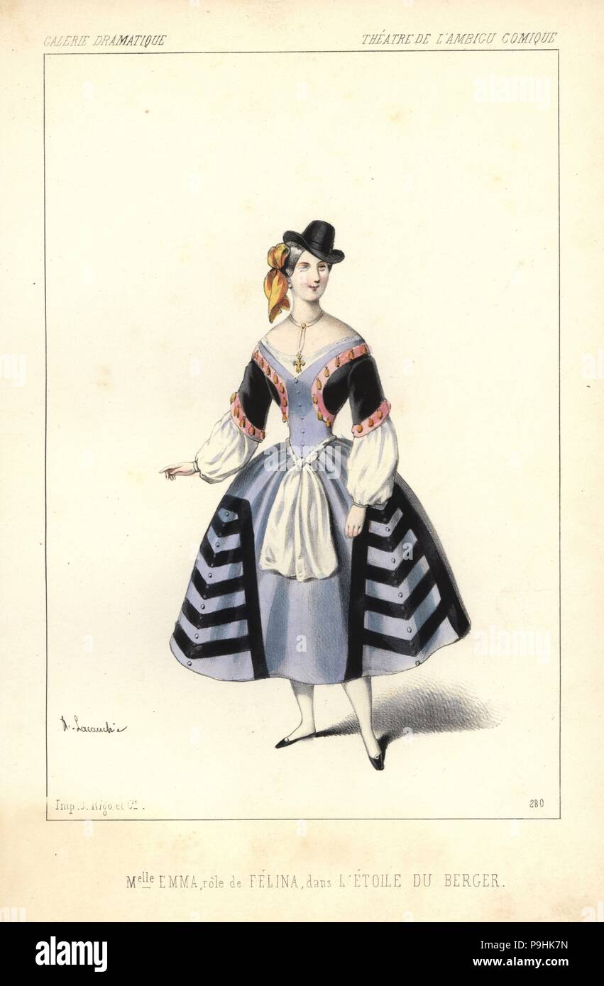 Mlle. Emma come Felina in L'Etoile du Berger da Anicet Bourgeois e Adolphe d'Ennery, Teatro de l'Ambigu Comique, 1846. Litografia Handcolored dopo una illustrazione di Alexandre Lacauchie da Victor Dollet's Galerie Dramatique: costumi des teatri de Paris, Paris, 1846. Foto Stock