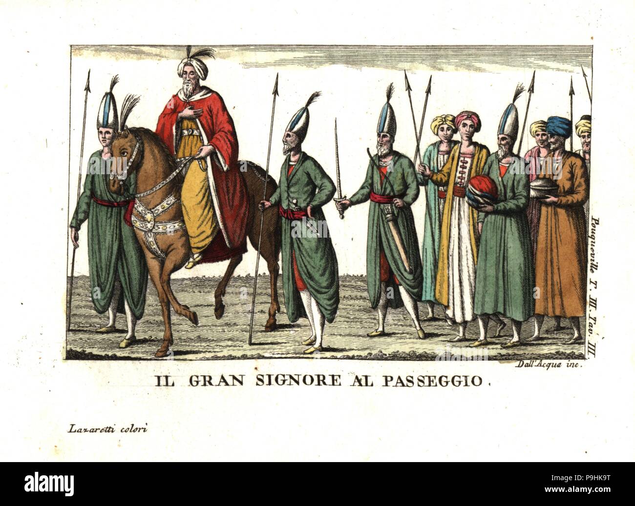 Il Grand Seigneur su una passeggiata con il suo corteo. Illustrazione da Francois Pouqueville viaggi attraverso ulteriori, in Albania e in diverse altre parti dell'Impero Ottomano, 1805. Incisione su rame da Dell'Acqua handcolored da Lazaretti da Giovanni Battista Sonzogno la raccolta dei più interessanti Viaggi (Raccolta de Viaggi piu interessanti), Milano, 1815-1817. Foto Stock