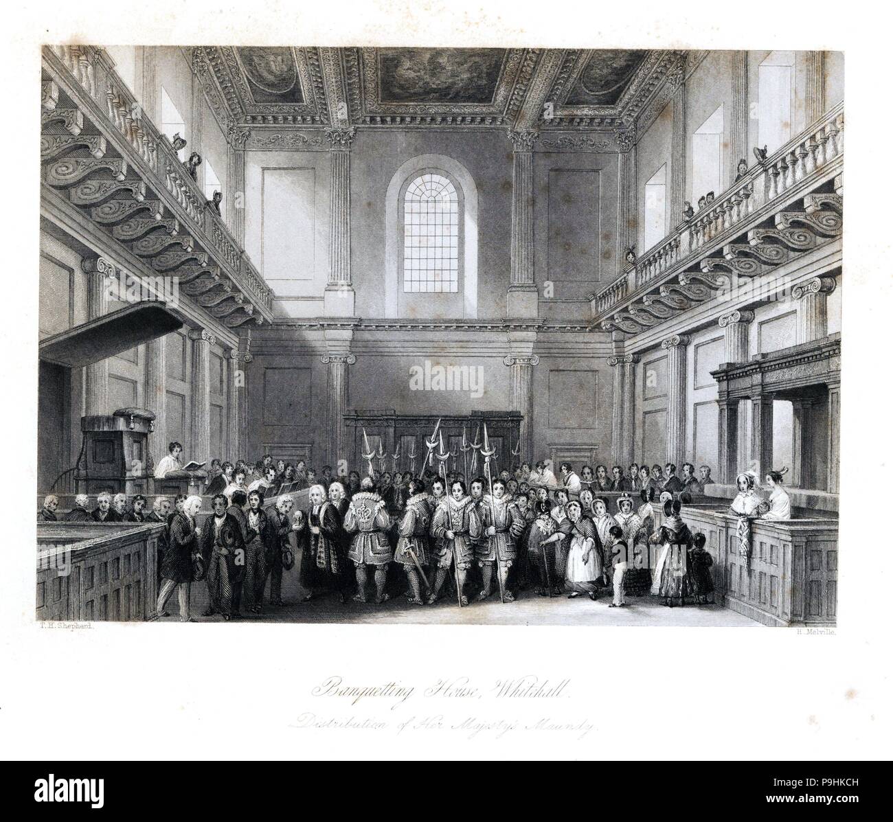 Distribuzione di Sua Maestà, Maundy nei banchetti House, Whitehall. Alms annuale cerimonia da Beefeaters in Quaresima. Incisione in acciaio da Henry Melville dopo una illustrazione di Thomas Hosmer Shepherd da Londra interni, i loro costumi e cerimonie, Joshua Mead, Londra, 1841. Foto Stock