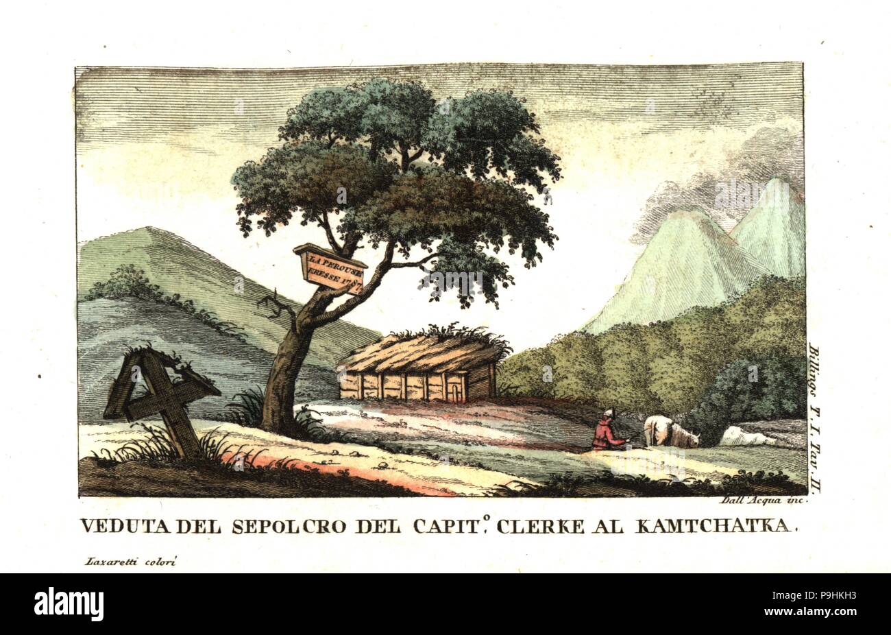 Vista del capitano Clerke la tomba di San Pietro e di San Paolo (Petropavlosk-Kamchatsky), la Kamchatka. Da Joseph Billings e Martin Sauer è un conto di una spedizione per le regioni settentrionali della Russia. Incisione su rame da Dell'Acqua handcolored Lazaretti da Giovanni Battista Sonzogno la raccolta dei più interessanti Viaggi (Raccolta de Viaggi più interessanti), Milano, 1815-1817. Foto Stock