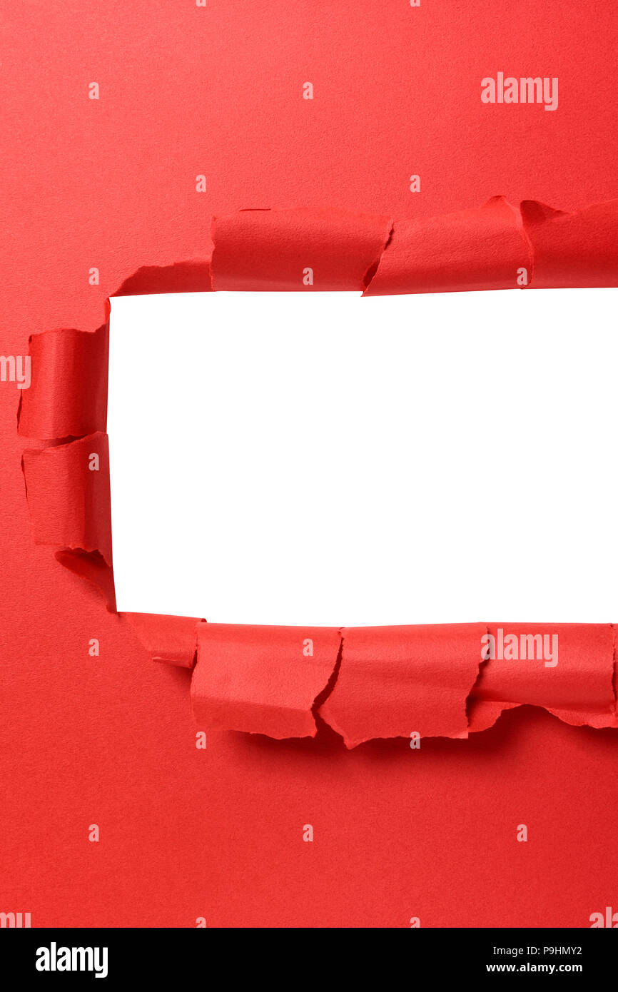 Rosso strappato la striscia di carta con sfondo bianco copia verticale dello spazio Foto Stock