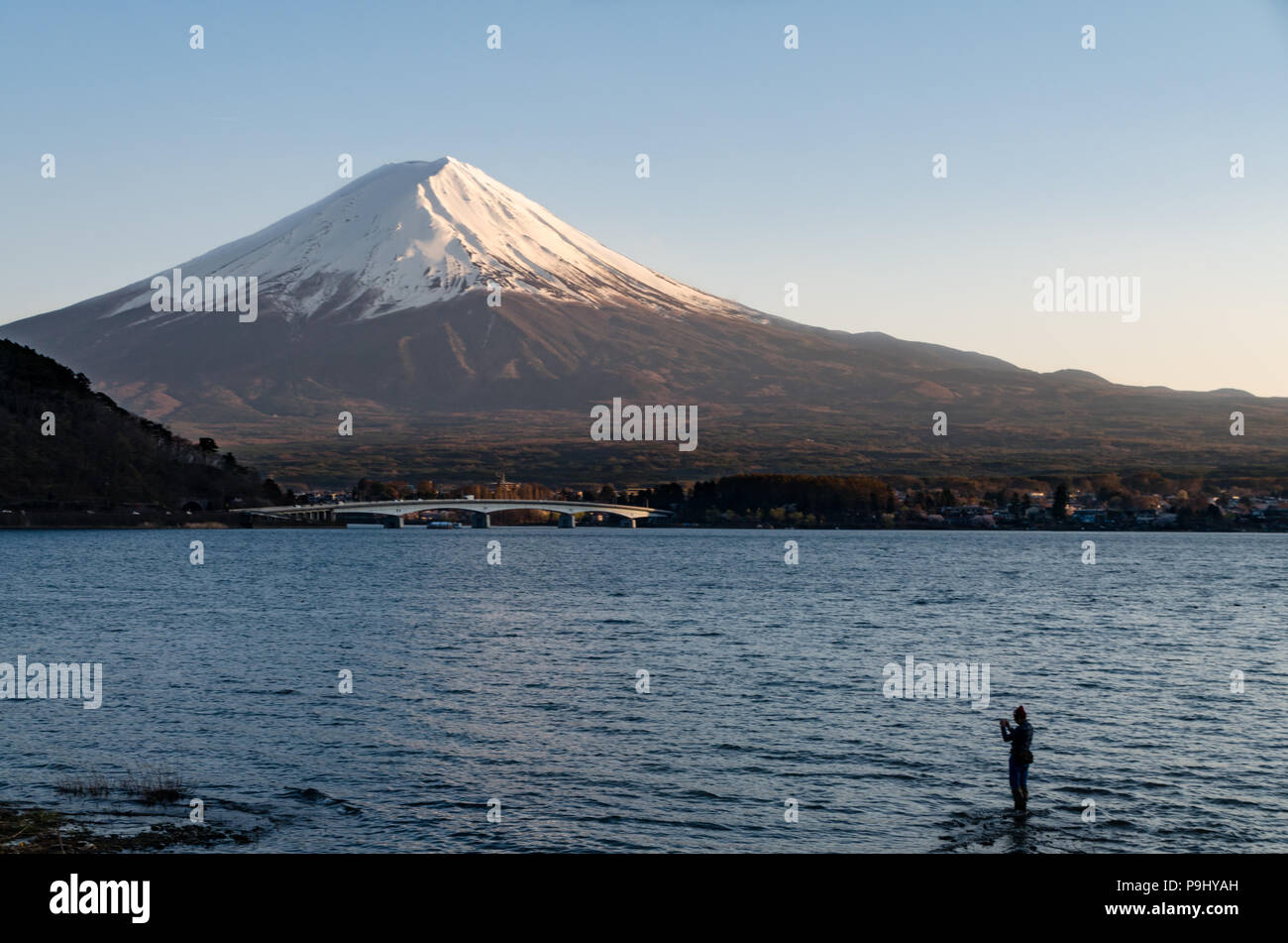 Majestic Mountain Fuji come vista dalla sponda settentrionale del Lago Kawaguchiko, Giappone. Lago Kawaguchi è la più turistica tra le Fuji cinque laghi. Foto Stock