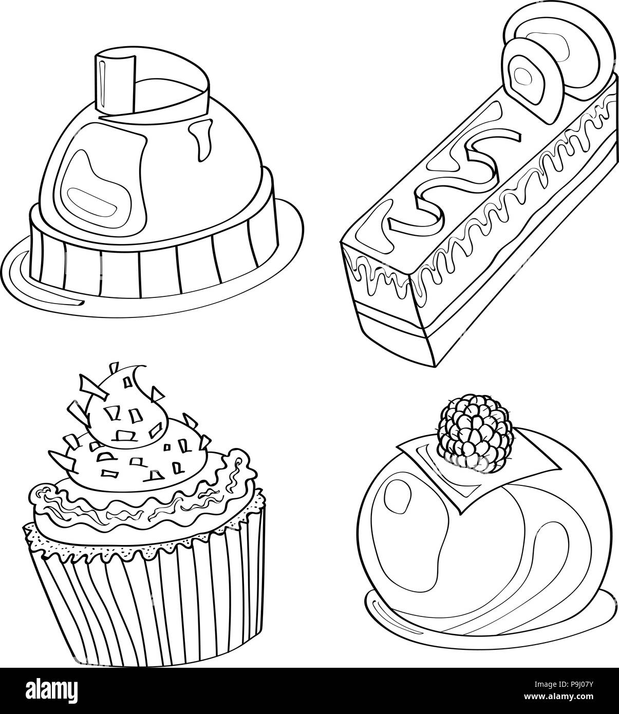 Libro da colorare, pagina di colorazione, torte, dolci, panetteria, pattern, set, cafe Illustrazione Vettoriale