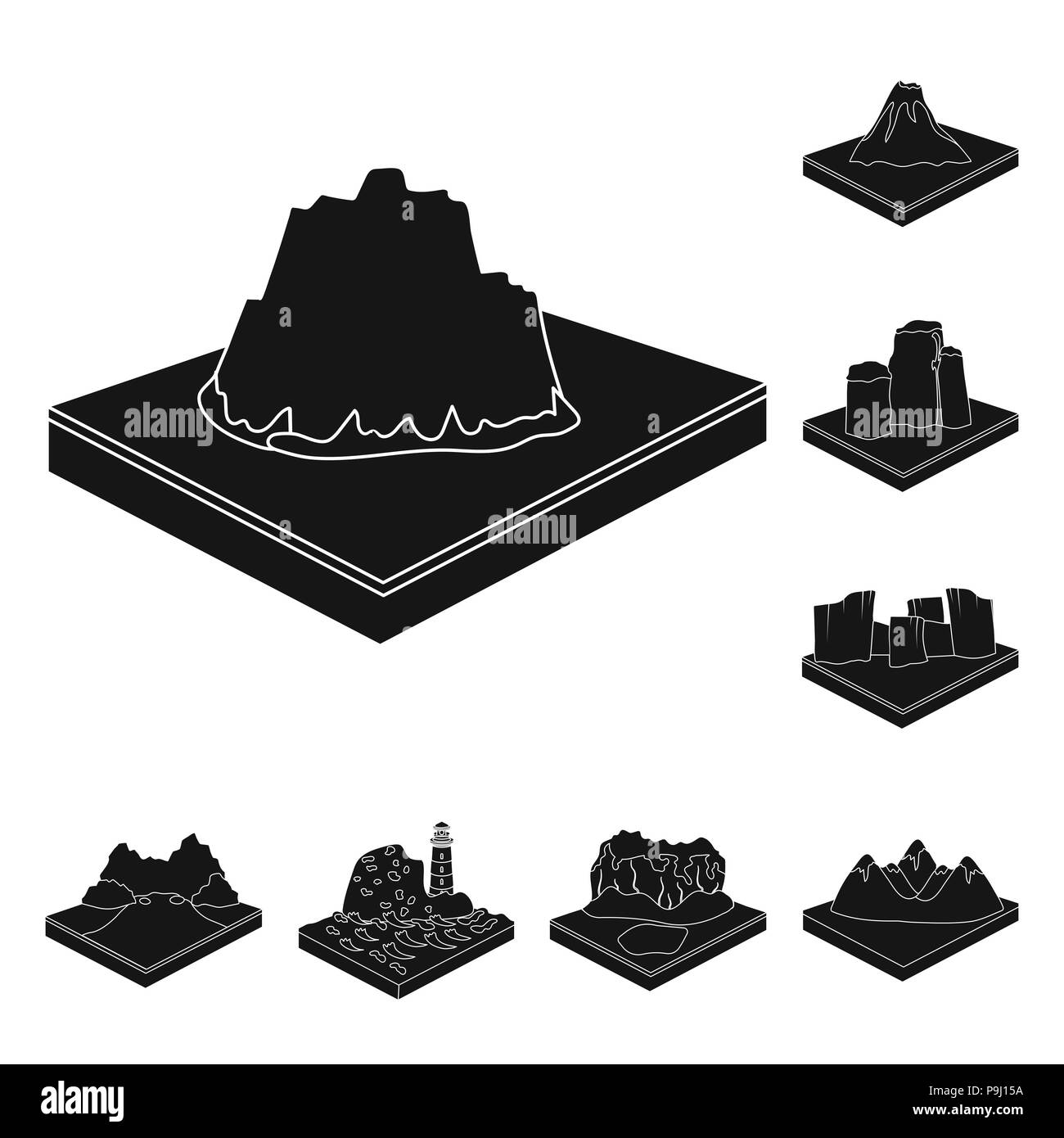 Montagne, massiccia icone nere in set di raccolta per il design. La superficie della terra vettore simbolo isometrica stock illustrazione. Illustrazione Vettoriale