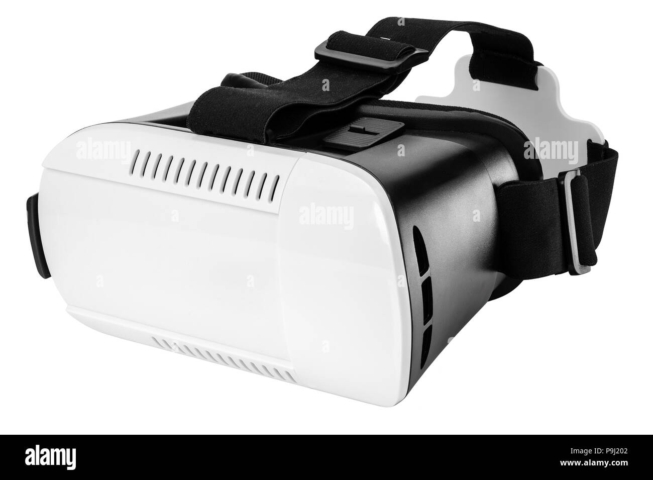 Plastica occhiali per realtà virtuale con le fascette isolate su sfondo bianco Foto Stock