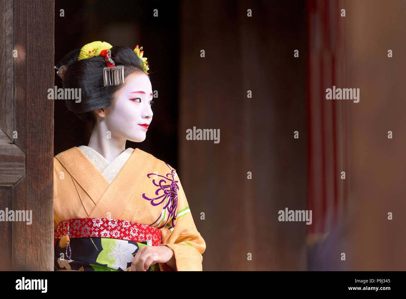 KYOTO, Giappone - 28 novembre 2015: una donna nel tradizionale abito Maiko si affaccia da un tempio porta. Foto Stock