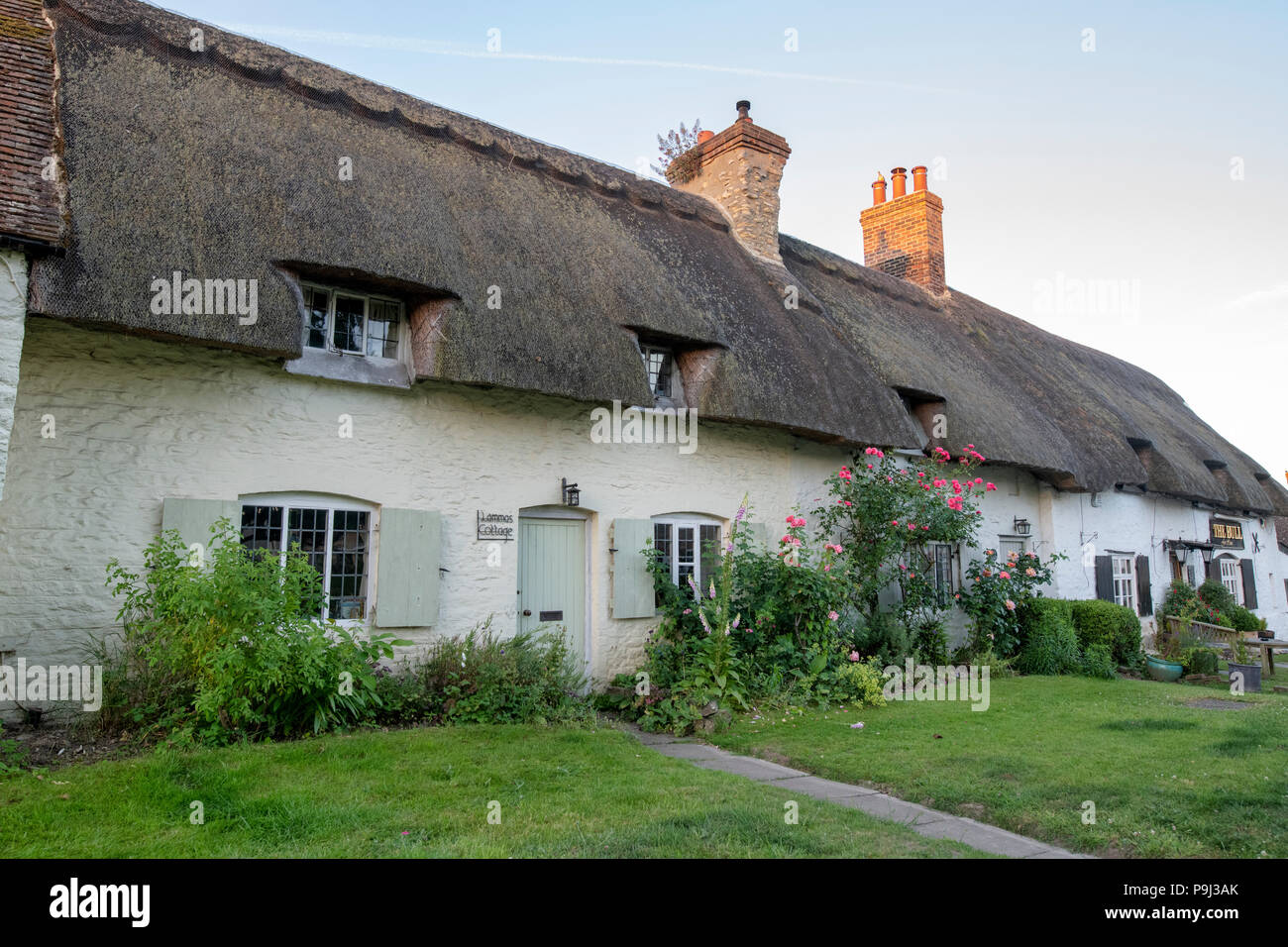 Cottage con il tetto di paglia nel villaggio di Great Milton, Oxfordshire, Inghilterra Foto Stock