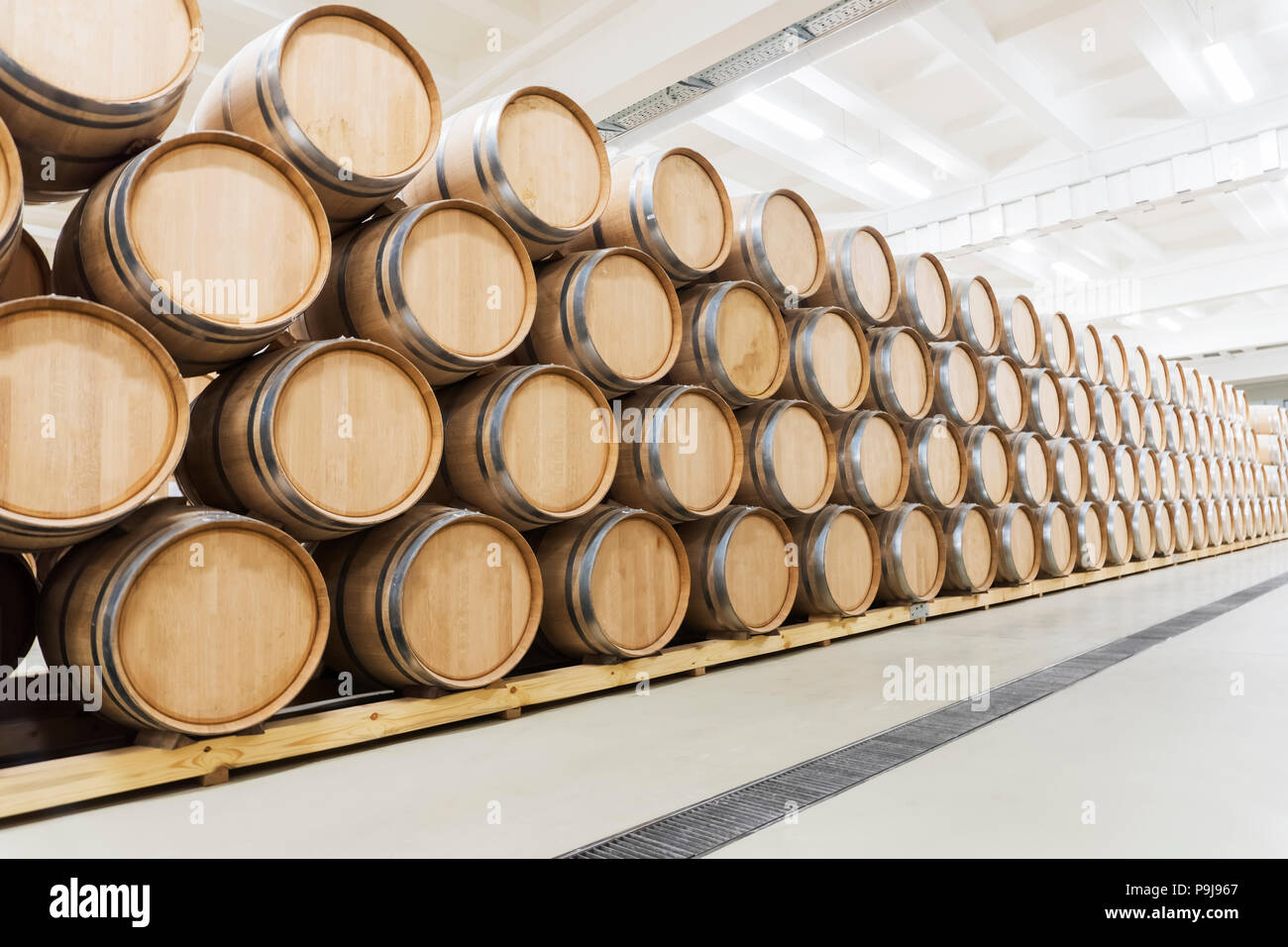 Botti da vino impilati nella vecchia cantina dell'azienda vinicola Foto Stock